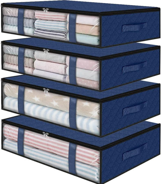 StorageRight Under Bed Storage Bins, 4-Pack 40L Foldable Fabric Storage Bags with Transparent Window, Breathable Organizer for Clothes/Blanket/Comforter/Quilt, Blue