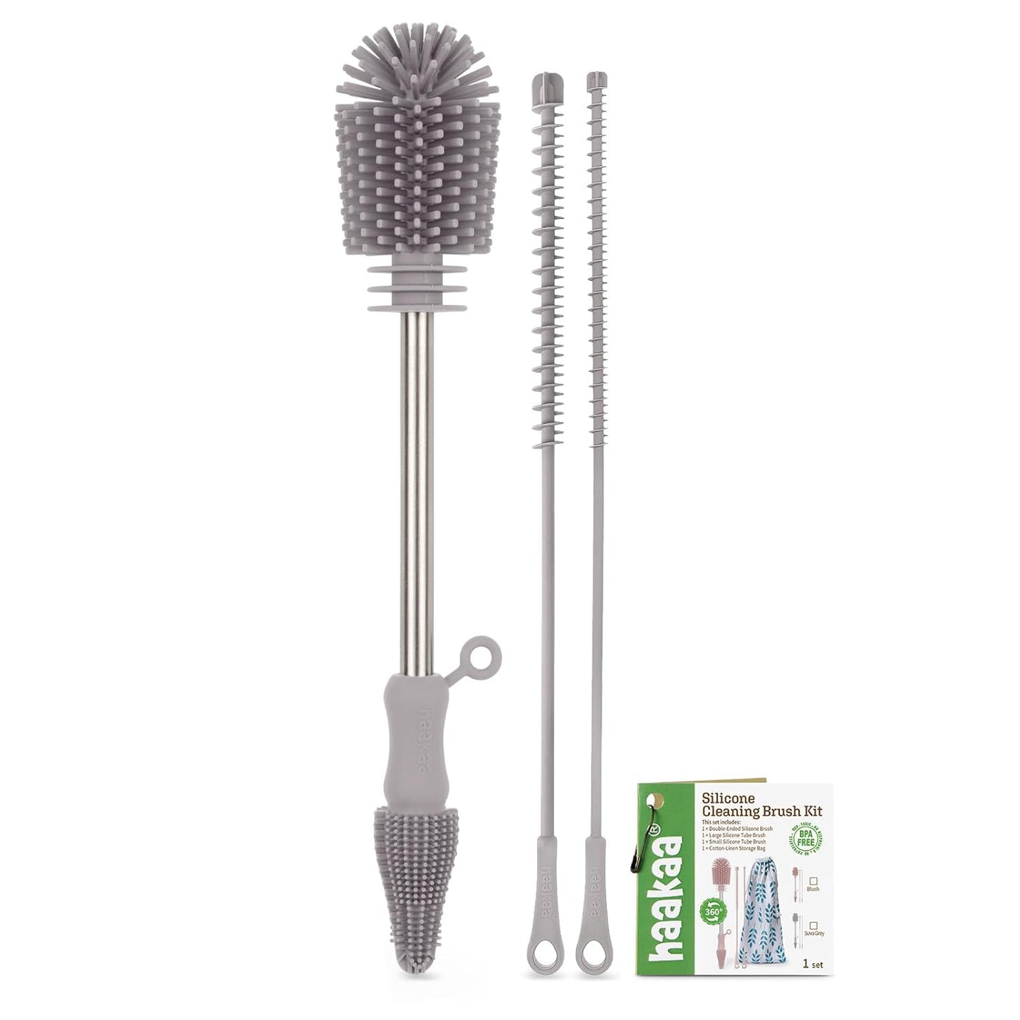 haakaa Silicone Cleaning Brush Kit - SUVA Grey - Bottle Brush for Breast Pumps, Breast Milk Collector, Baby Bottles, Nipples, Breastmilk Storage Bags