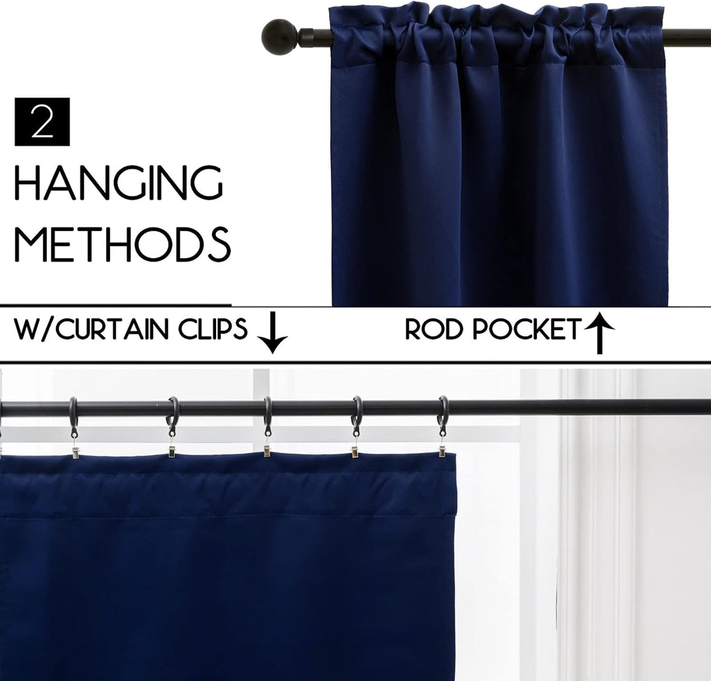 Pickluc Rod Pocket Tier Curtain - Half Blackout Curtain for Kitchen, Bathroom, Cabinet, Basement, 42 Inches Wide and 24 Inches Long, Navy, 2 Panels