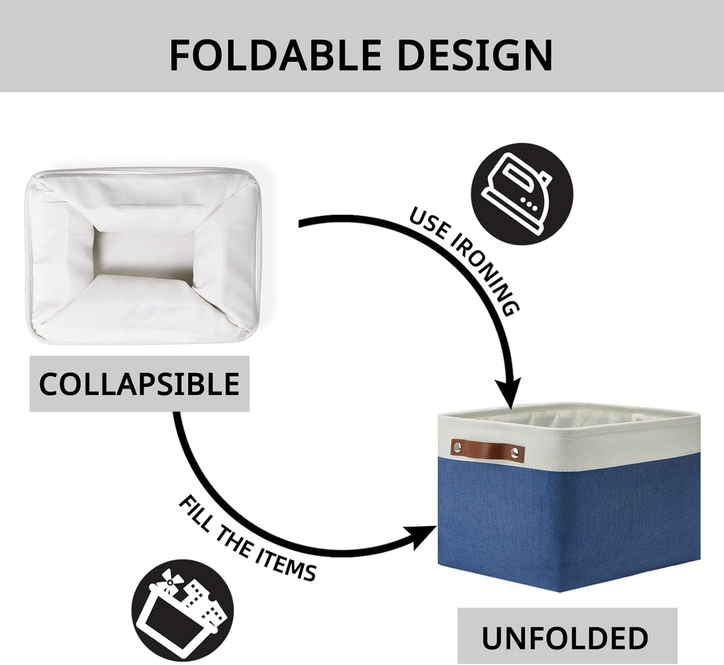 DULLEMELO Fabric Storage Basket for Closets,15x11x9.5 inch Foldable Storage Basket Bin with Handles for Office, Closet,Bedroom (White&Blue,1 Pack)