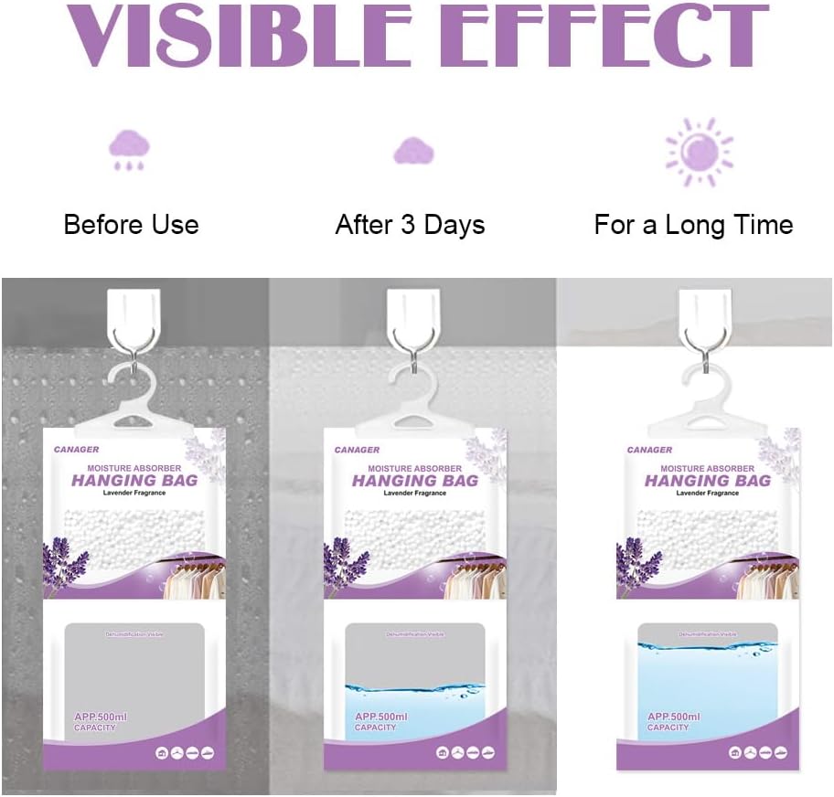 CANAGER Hanging Moisture Absorber, Lavender Vanilla Moistureproof Hanging Bag, Dehumidifier Bag (8 packs) Hanging Closet Dehumidifier Bags, Moisture Absorb 12.5 oz.
