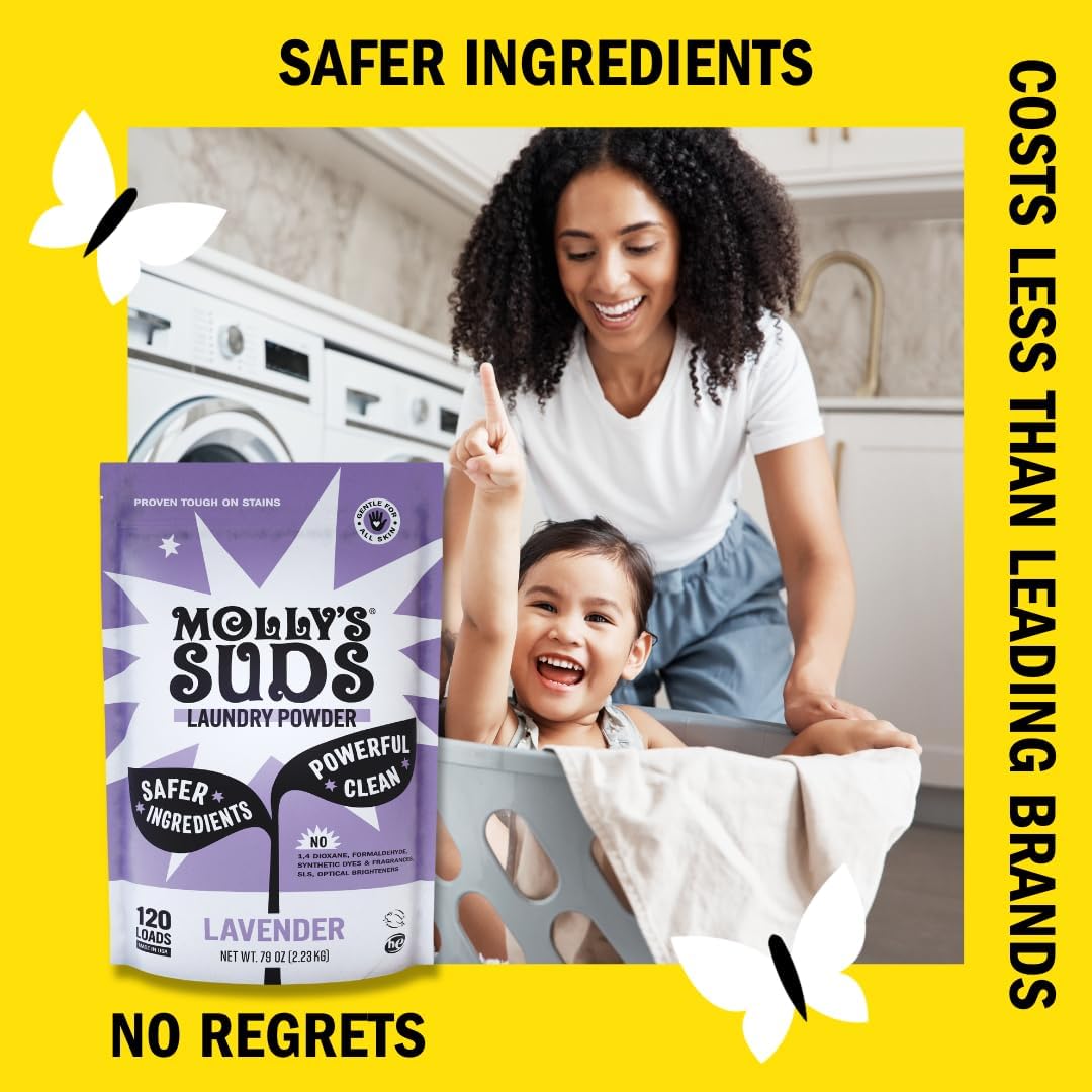 Molly's Suds Original Laundry Detergent Powder | Clean Laundry Detergent Powder for Sensitive Skin | Simple, Effective Ingredients, Stain Fighting | 120 Loads (Lavender)