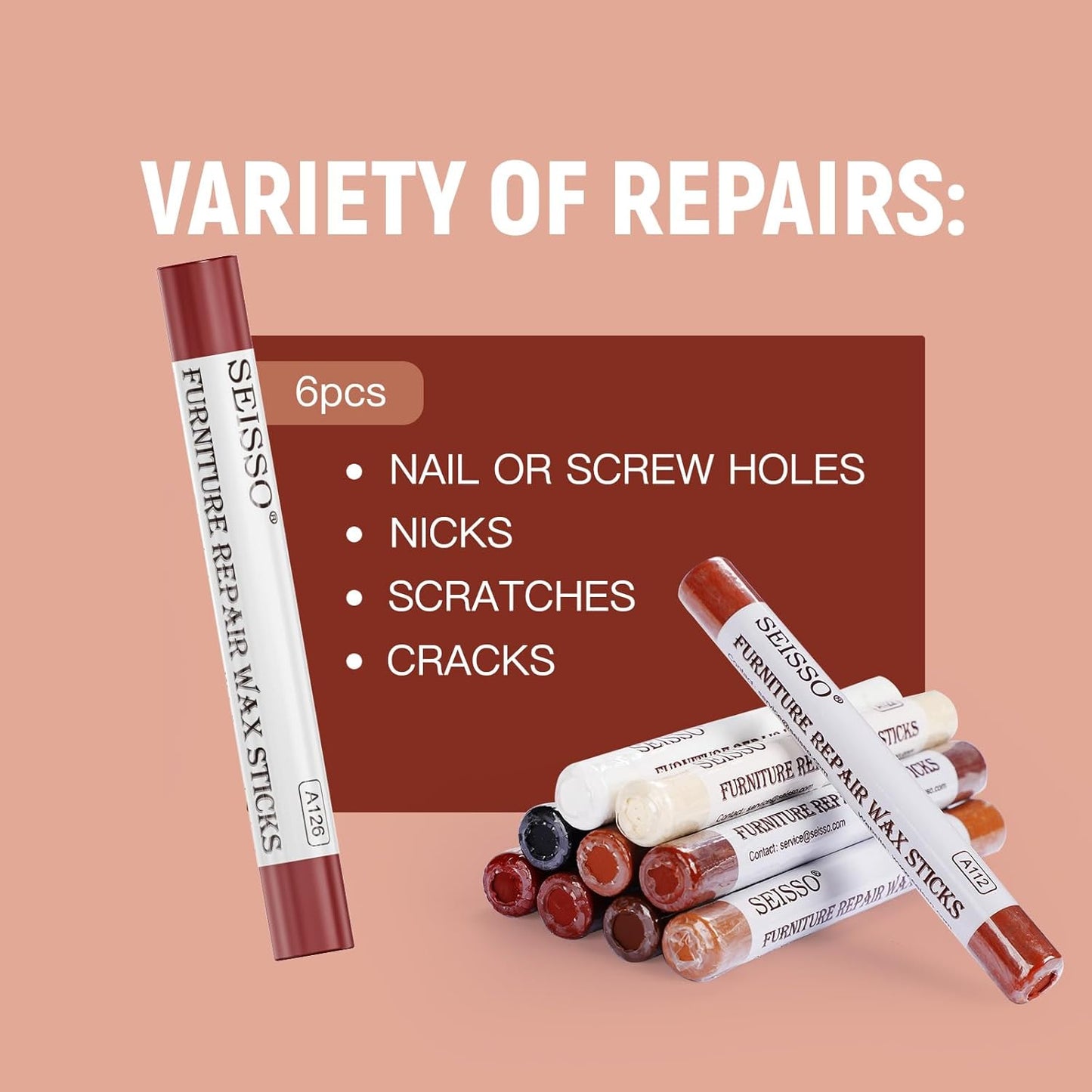 SEISSO Wood Filler Sticks- 6 Pcs, Furniture Repair Wax Crayons, Furniture Marking Repair - Scratch, Cracks, Hole, Table, Wood Floor, Guitar - Maple