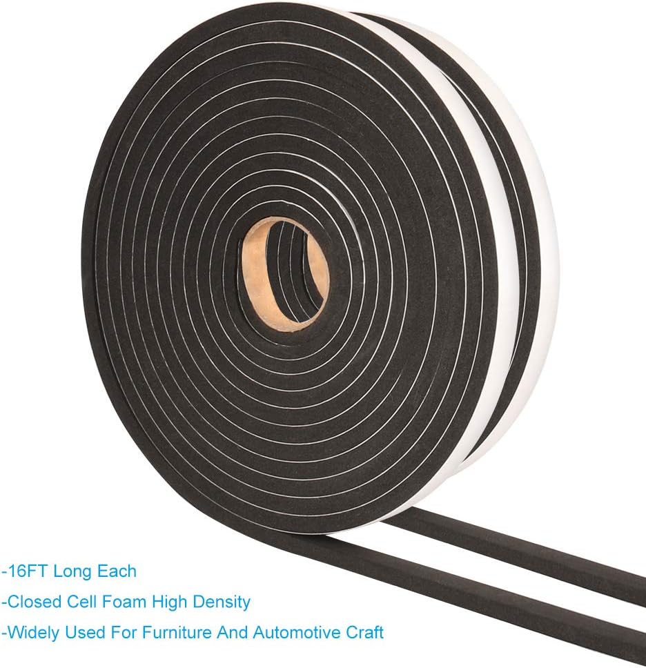 2 Rolls Foam Tape Weatheratrip for Door Window Insulation, Single Sided Foam Strips Adhesive, High Density Foam Seal Tape, Closed Cell Foam Seal Strip Tape(1/2"Wx1/4"Tx32FT, Black)