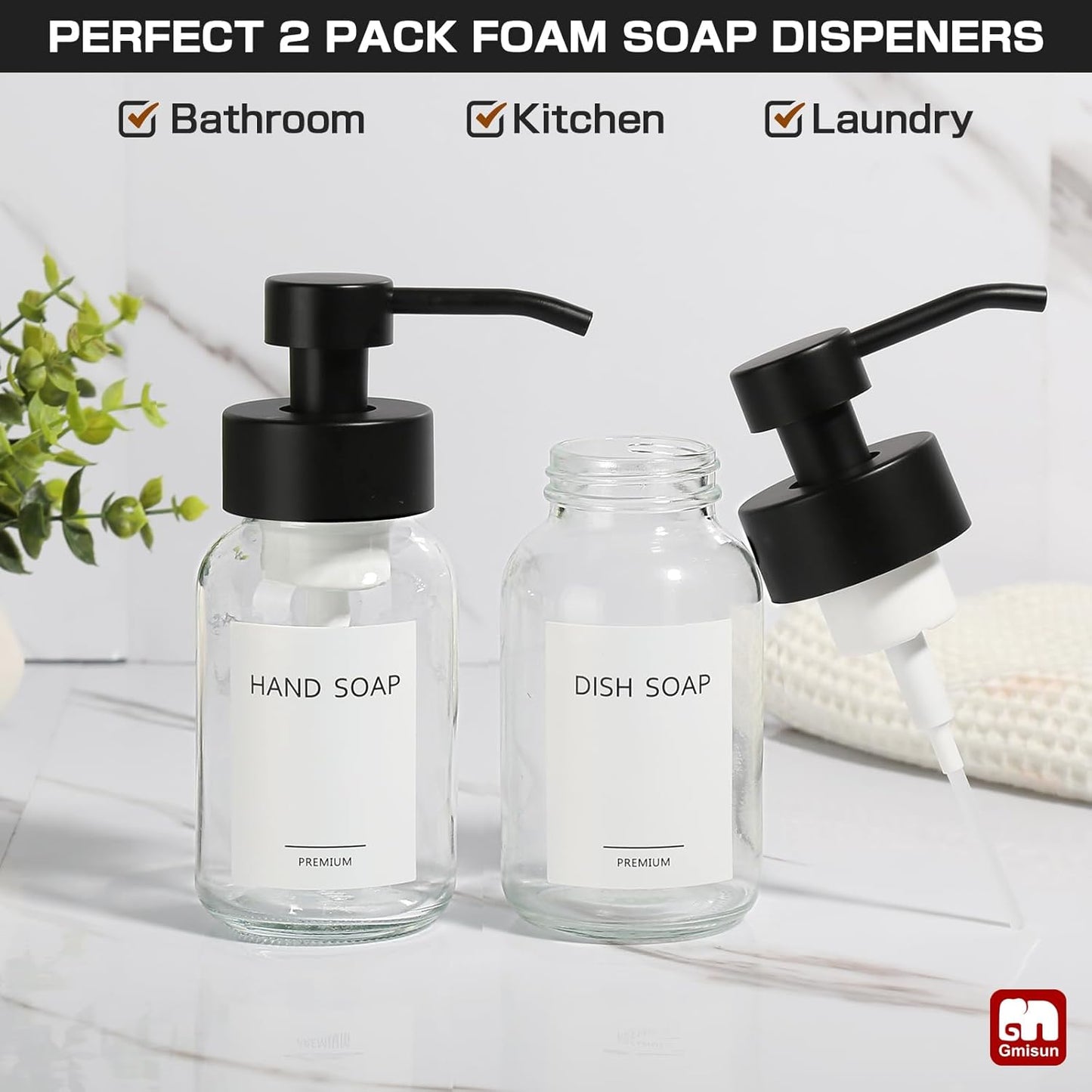 GMISUN Foam Soap Dispenser, 2 Pack 8.5 fl oz / 250 ml Clear Glass Soap Dispenser for Bathroom & Kitchen, Modern Hand Soap Dispensers, Refillable Glass Foaming Soap Dispensers with Waterproof Labels