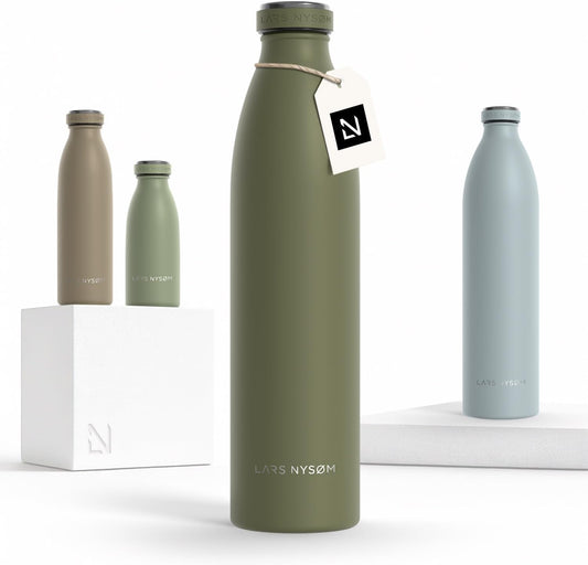 LARS NYSØM Stainless Steel Insulated Water Bottle 12oz 17oz 25oz 34oz 51oz | Insulated Thermo Flask for Hot and Cold Beverages | Leakproof Drinking Bottle (Olive Green, 33.9 oz)