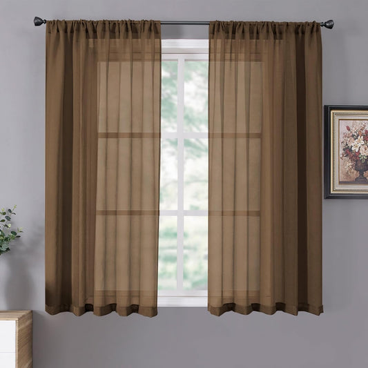 Tollpiz Sheer Curtains Linen Textured Bedroom Curtain Sheers Light Filtering Rod Pocket Voile Curtains for Living Room, 54 x 63 inches Long, Brown, Set of 2 Panels