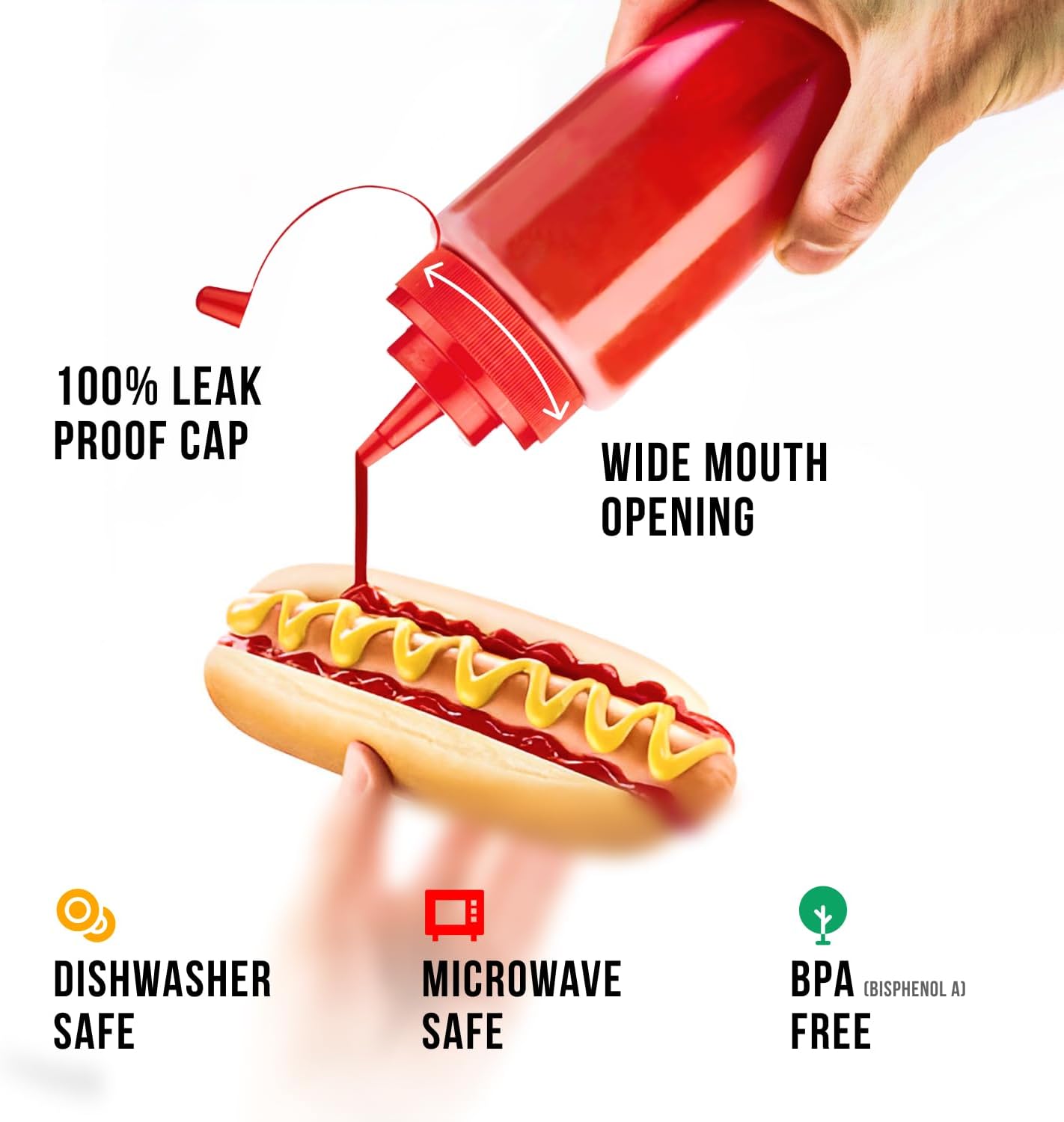 Norcalway 12 oz Condiment Squeeze Bottles for Sauces - Leak Proof - 6 Pack