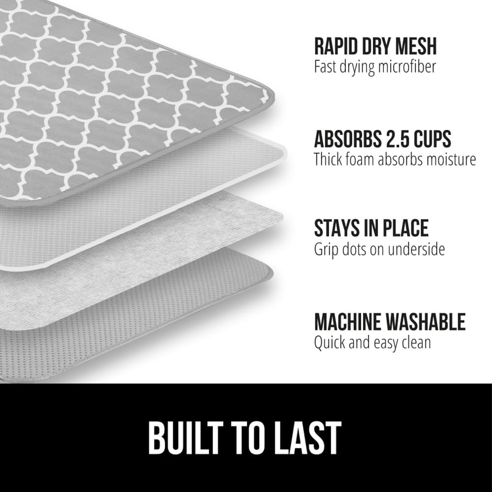 GORILLA GRIP Ultra Water Absorbent Microfiber Dish Drying Mat, Quick Dry Mesh, Slip Resistant Pad for Sink Dishes or Under Rack, Kitchen Counter Accessories, 16x18, Machine Wash, 2 Pack Quatrefoil