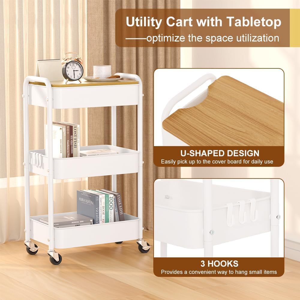 3 Tier Metal Utility Cart, Rolling Storage Cart with Wooden Tabletop, Metal Organizer Cart with Lockable Wheels for Office, Bedroom, Kitchen and Living Room (White)