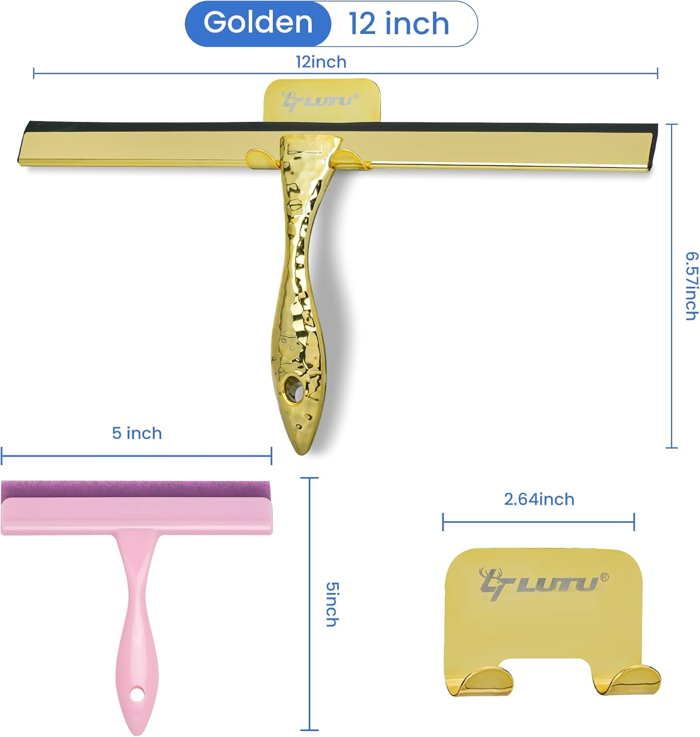 2-Pack Shower Squeegee for Glass Doors, 12 inch Gold Stainless Steel & 5 inch Pink Mini with 2 Gold Hooks, Non-Slip Hammered Handle, Silicone Wiper for Shower, Bathroom, Tile and Mirror