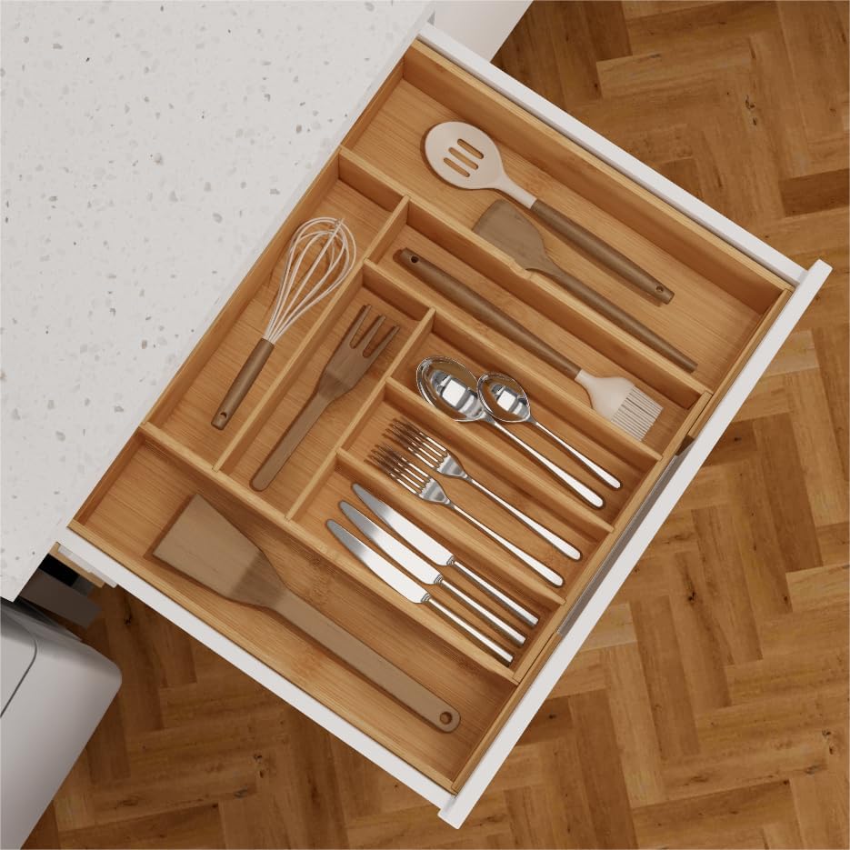 BAMEOS 3.9inch Tall Bamboo Drawer Organizer, Expandable Utensil Holder with 8 Compartments, Adjustable Kitchen Drawer Divider for Flatware, Silverware and Gadgets, Deep Storage for Home and Office