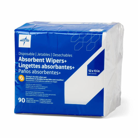 Medline Absorbent Wipers+ Disposable Heavy Duty Dry Wipes, 12" x 12" (90 Count), Use Wet or Dry, Perfect for Skin Care or Home Use, 3X Stronger, Highly Absorbent