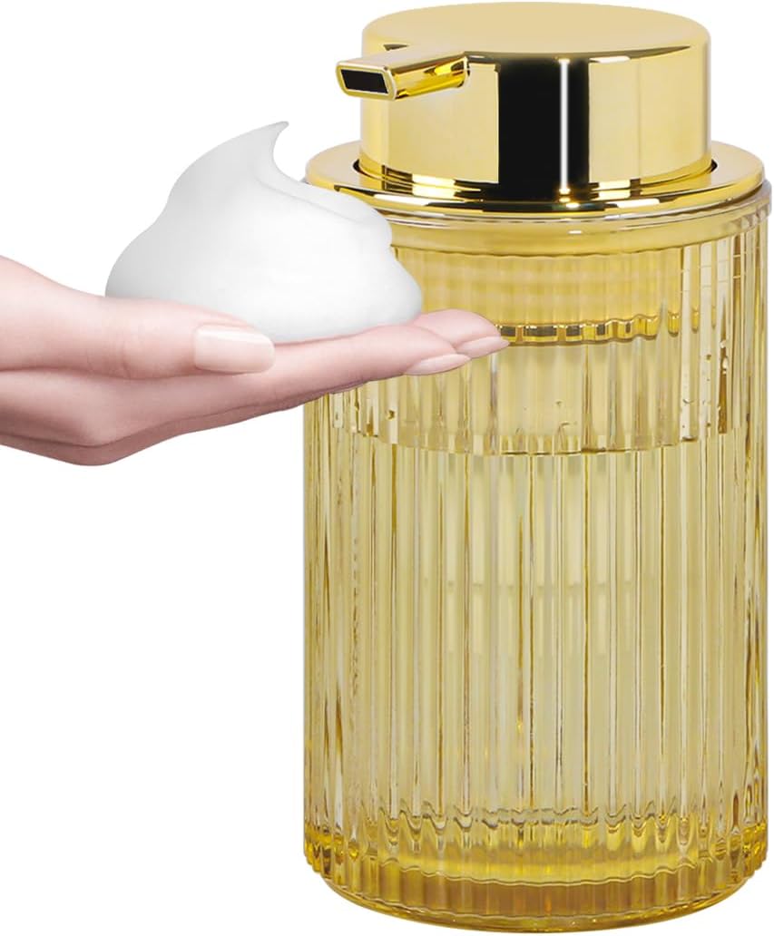 Amber Foaming Soap Dispenser, Glass Foam Hand Soap Dispenser with Gold Pump, 11 Oz Bathroom Refillable Liquid Lotion Pump Ribbed Bottle Container for Kitchen Countertop Decor