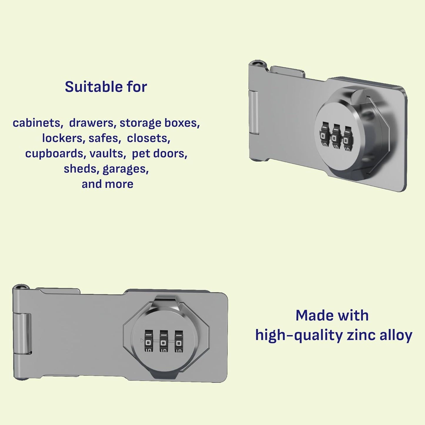 Keyless Combination Lock 3-Digit Combination Lock for Doors & Drawers Twist Knob Hasp Latch Lock with Password Code Zinc Alloy Latch for Kitchen Cabinets, Drawers, Cupboards (Silver)