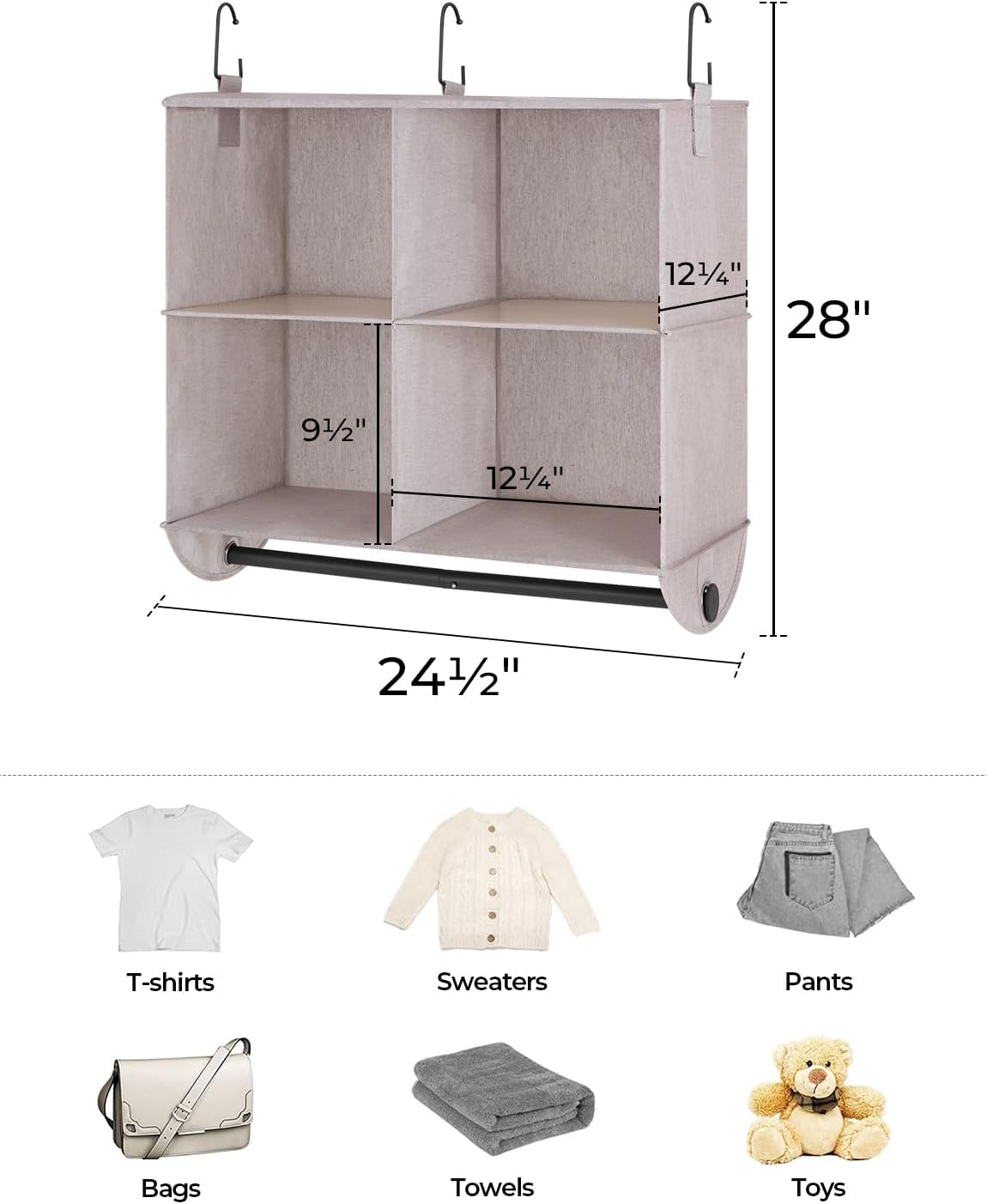 StorageWorks Hanging Closet Organizer with Metal Rod, 4-Section Closet Organizers and Storage, Collapsible Hanging Shelves for Wardrobe Organizer, Nursery, Bedroom, Light Khaki