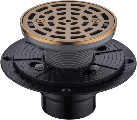 RANDOM Round Shower Drain SUS304 Stainless Steel Champagne Bronze Shower Drain 4 inch with Adjustable PVC Base Flange,Shower Floor Drain with Removable Cover Grid Grate