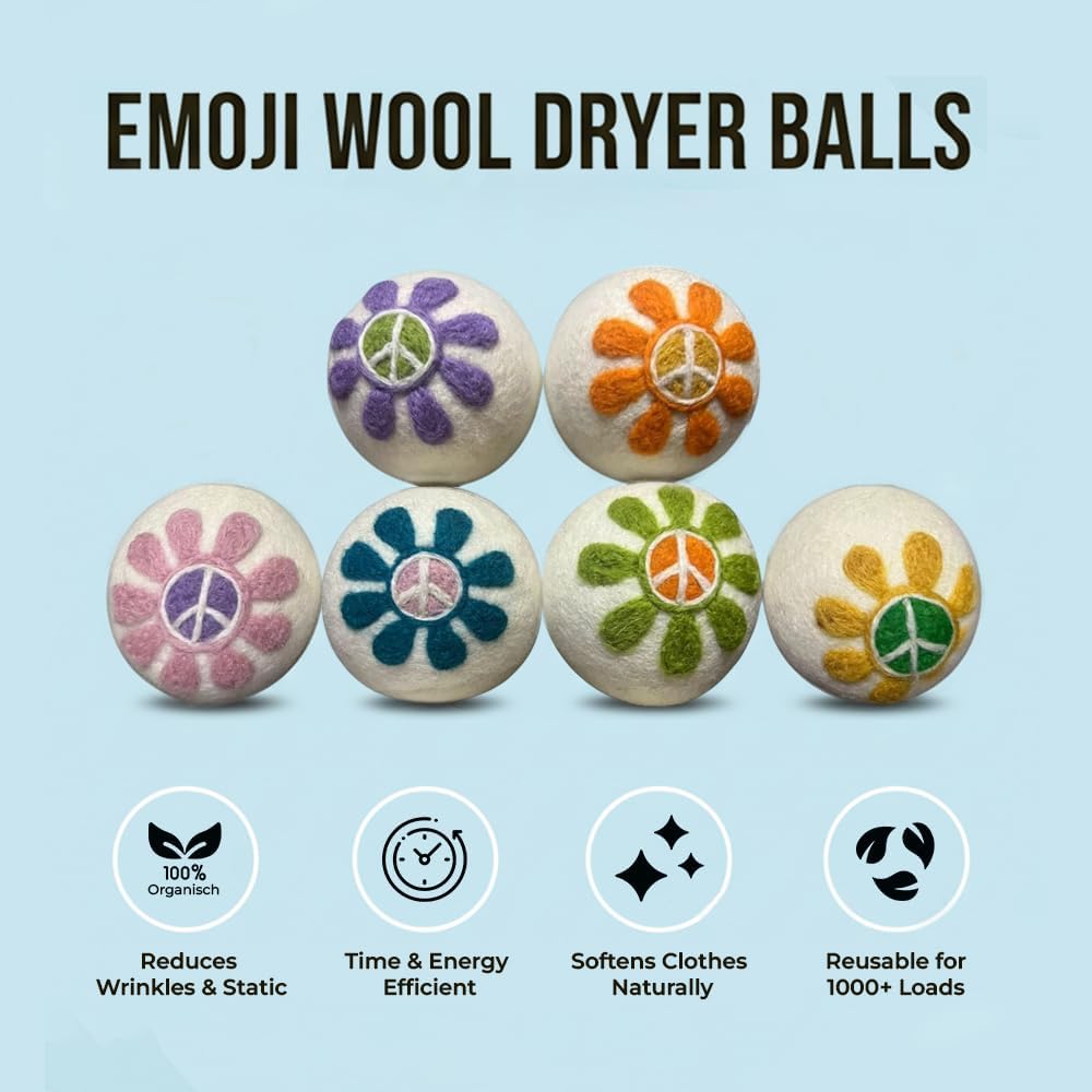 Ezhippie Quality Wool Dryer Balls - 6 XL Flower Pack - 1000+ Loads - Pure Organic Wool - Reusable Natural Fabric Softener Perfect with Essential Oils, Reduce Clothing Static and Wrinkles
