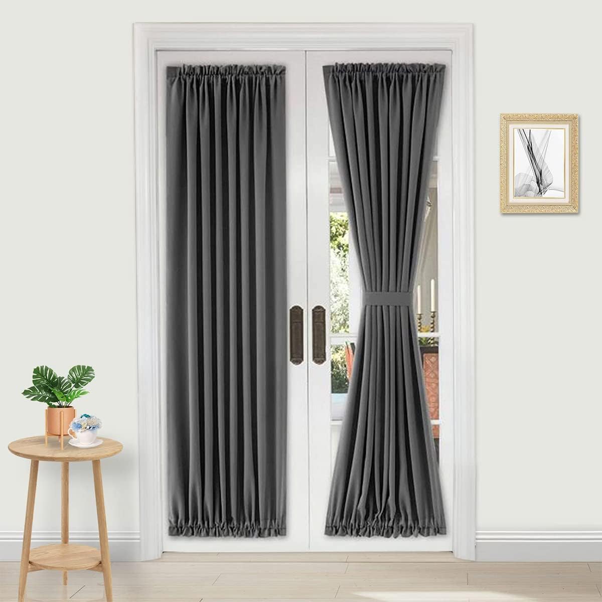 DWCN French Door Curtains – Rod Pocket Thermal Blackout Curtain for Doors with Glass Window, Kitchen and Patio Doors for Privacy, 36 X 72 Inches Long, 1 Curtain Panel with Tieback,Dark Grey
