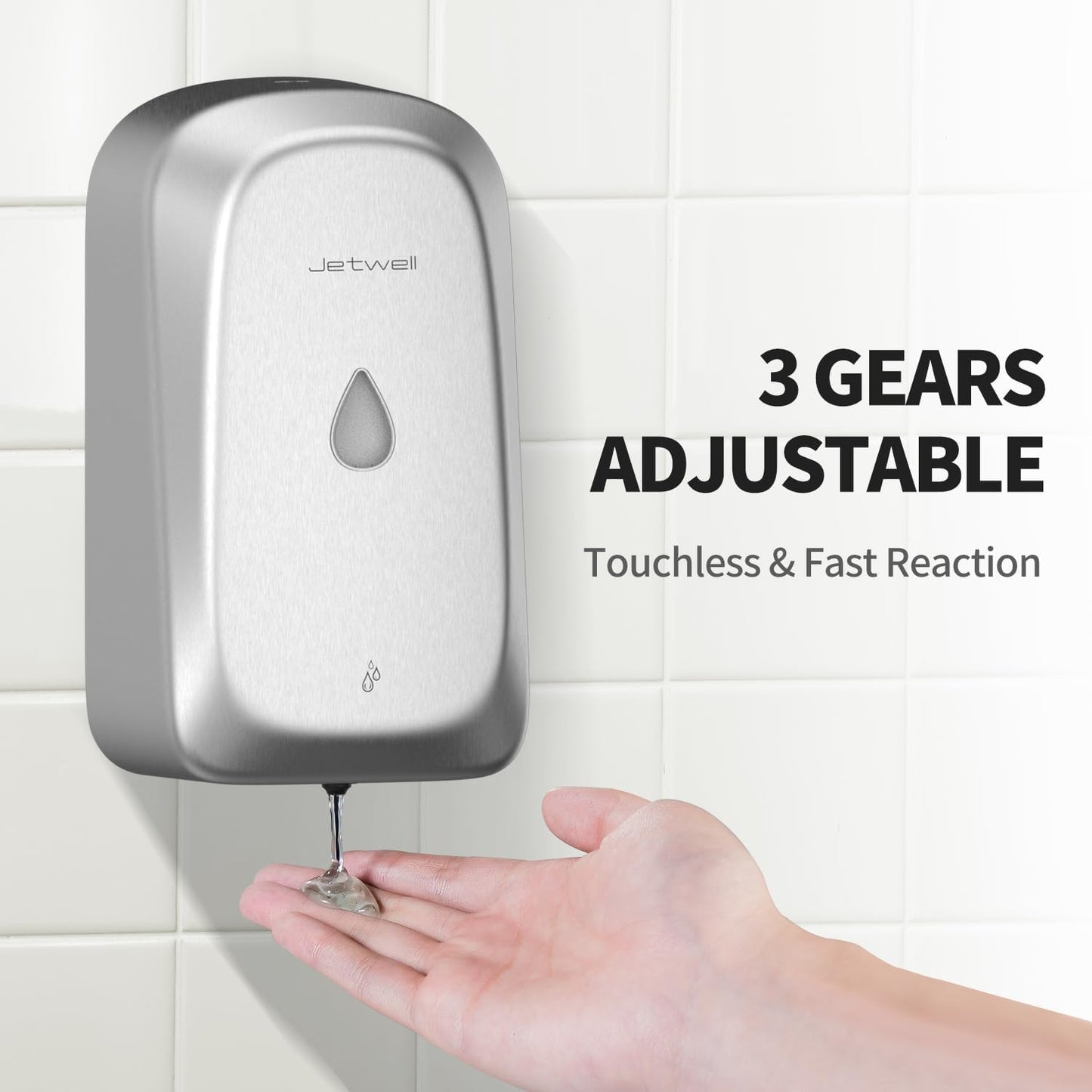 JETWELL Automatic Touch-Less Wall Mount Hand Soap Dispenser Liquid Drop Battery Operated, Brushed Stainless Steel Cover Large Capacity 34OZ/1000ML for Kitchen Home Commercial Bathroom