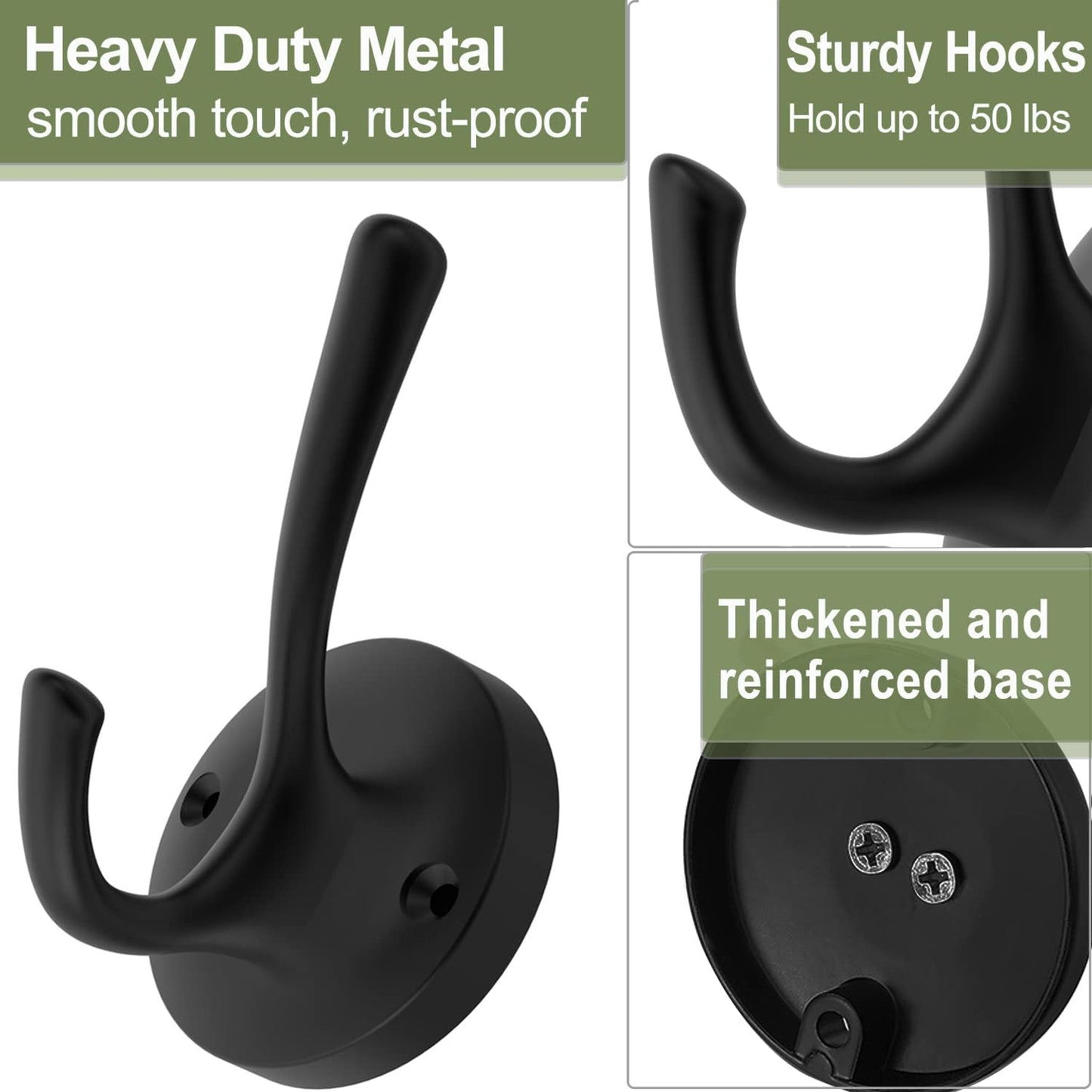 Matte Black Wall Hooks, 4 Pack Heavy Duty Coat Towel Hook Metal Double Backpack Hook Wall Mounted, Bath Towel Hooks for Entryway Cubicle Bathroom Closet Garage