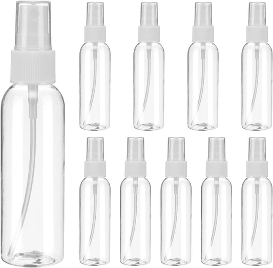 uxcell 10 Pack Spray Bottles, 2 Oz/60ML Clear Empty Mist Plastic Mini Travel Bottle Set,Small Refillable Liquid Containers for Household Use, Essential Oil, Cleaning (Transparent White)