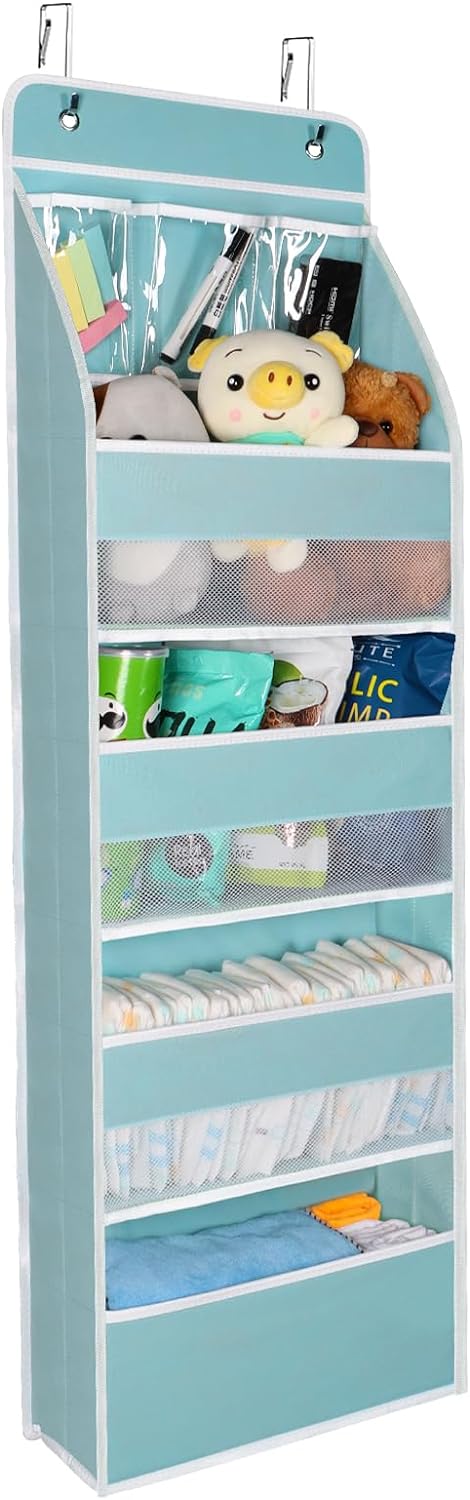 Univivi 5-Shelf Fabric Door Storage Over Door Hanging Organizer with 4 Large Pockets and 3 Small PVC Pockets Nursery Closet Cabinet Wall Mount Hanging Storage Organizers for Baby Nursery (Blue)