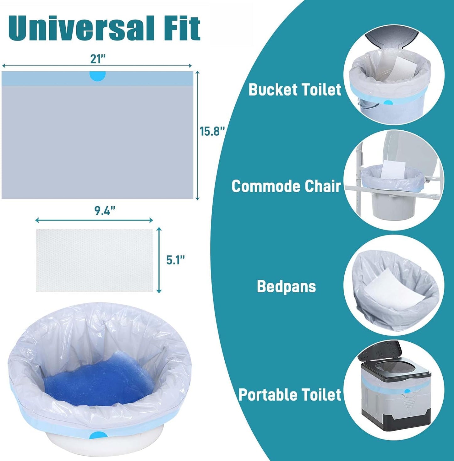 Commode Liners with Absorbent Pads- 50 Commode Bags+ 50 Commode Pads, Extra Thicken Commode Toilet Liners Universal Fit Bedside Commode, Portable Toilet, Chair Bucket, Bedpan