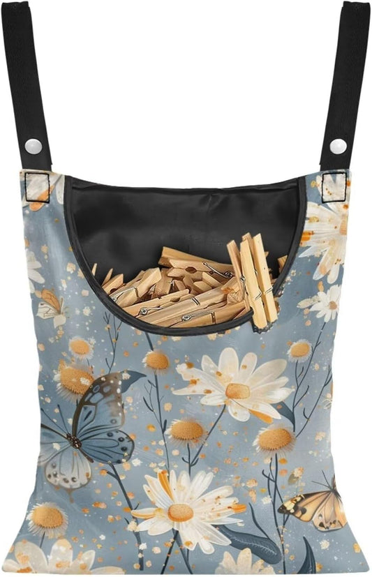Butterfly Clothespin Bag with Hanging Rope 14.5 x 12 Inch Summer Waterproof Laundry Clothes Pin Holder Clothespin Storage Organizer with Large Opening for Home Outdoor