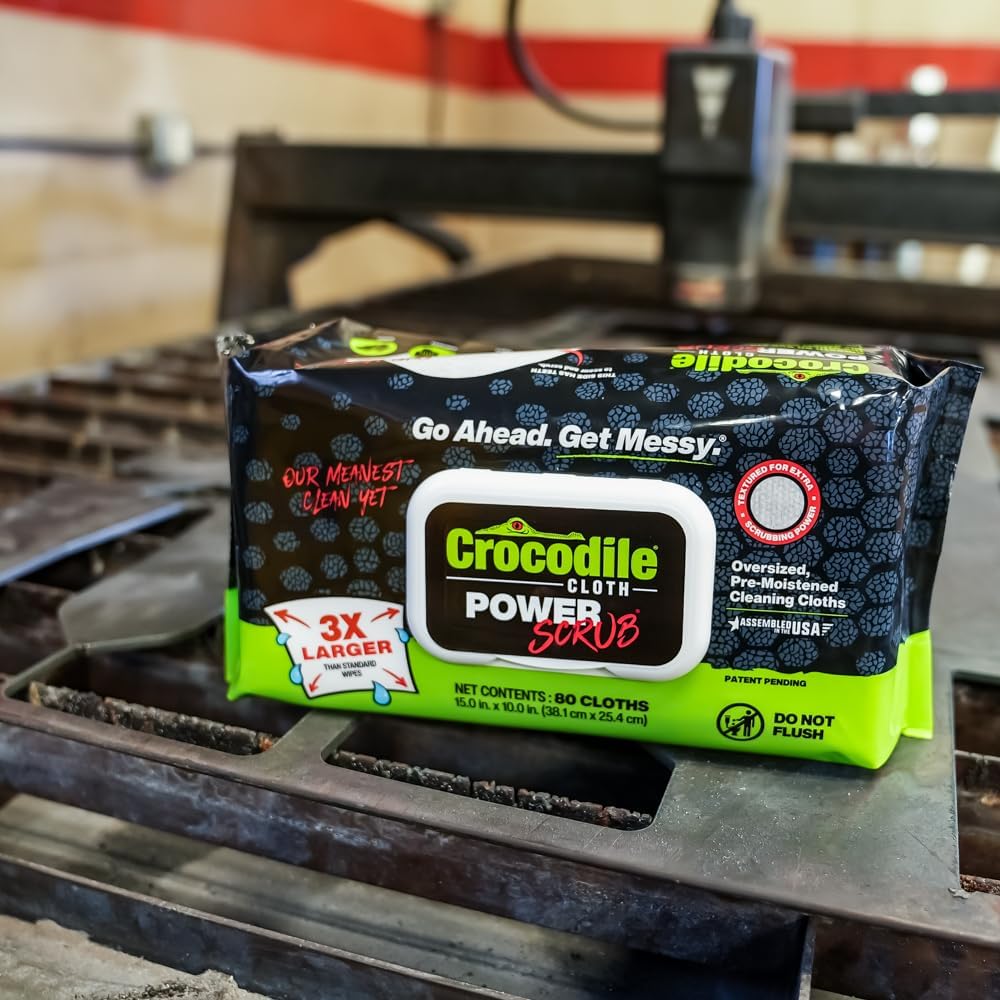 Crocodile Cloth PowerSCRUB Cleaning Wipes – 80 (15" x 10") Dual-Surface Cloths, Heavy-Duty, Moist, Absorbent, & Disposable - Safe on Skin & Multiple Surfaces