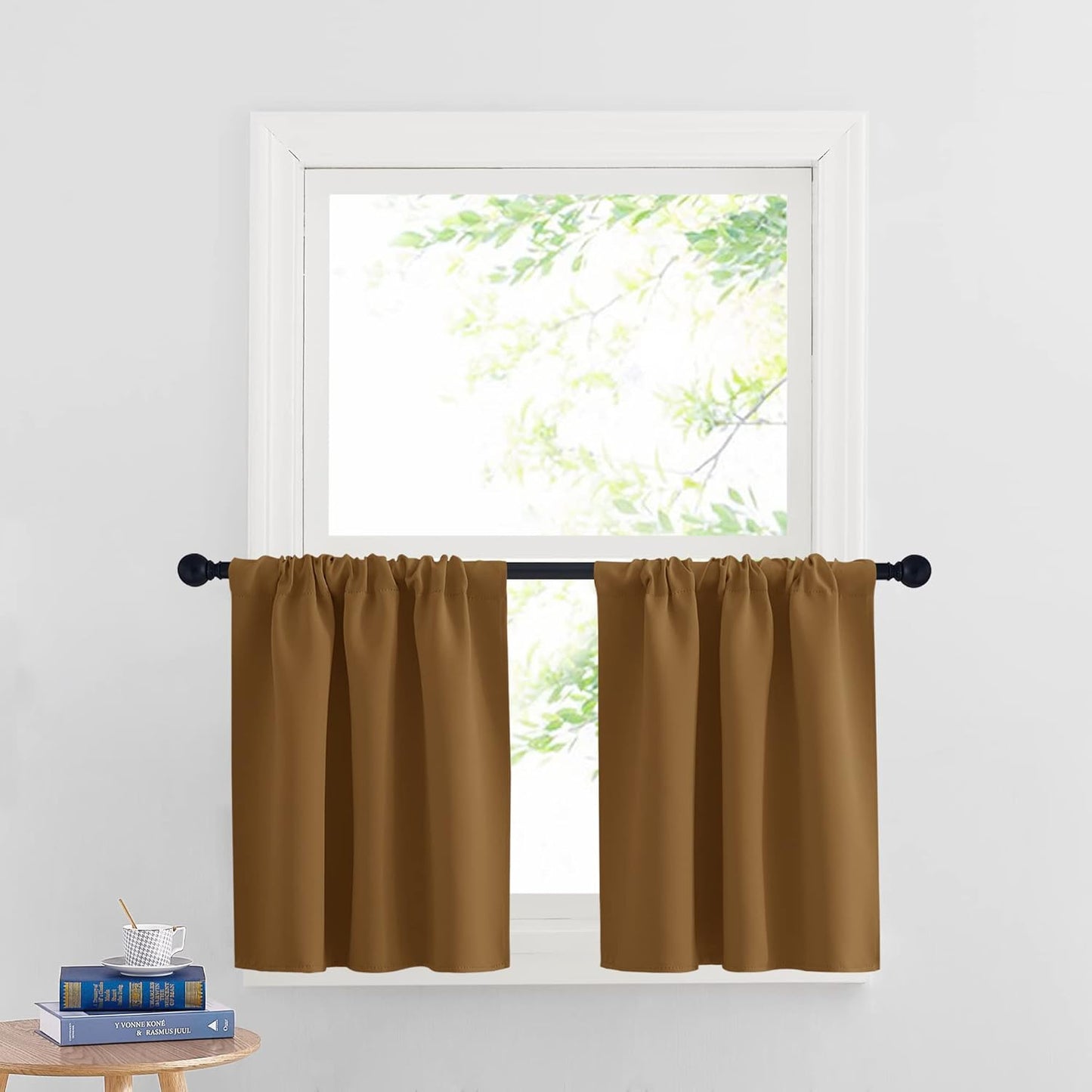 RYB HOME Small Curtains Blackout - Privacy Energy Efficiency Mini Curtains for Kids Bedroom RV Camper Windows Trailer Bathroom Kitchen Cabinet Window Tiers, W 29 x L 24, Gold Brown, 2 Panels