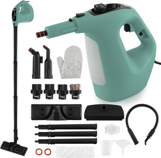 COSTWAY Handheld MultiPurpose Steam Cleaner with 17 Pieces, 350ml Large Capacity Steam Mop Continuous Fill water, Portable Chemical-Free Steamer for Home Use, Floors, Windows, 1400W, Green