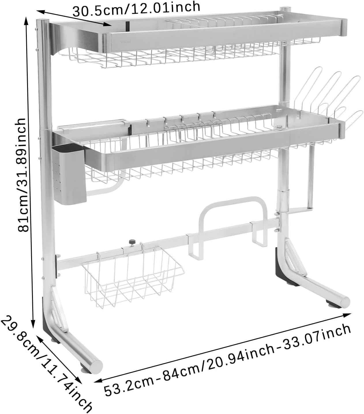 Over The Sink Dish Drying Rack, 2-Tier Stainless Steel Dish Drainer for Kitchen, Multifunctional Organizers, Chopstick Cage, Cup Holder, Cutting Board Holder, Knife Holder, 21''-33''Adjustable Length