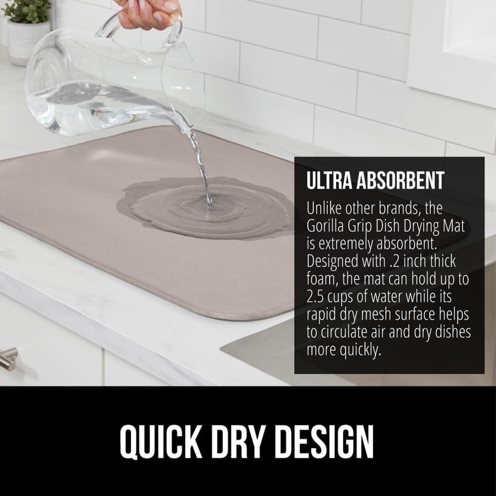 GORILLA GRIP Ultra Water Absorbent Microfiber Dish Drying Mat, Quick Dry Thick Mesh, Slip Resistant Pad for Sink Dishes or Under Rack, Kitchen Counter Accessories, 16x18, Machine Wash, 2 Pack Almond