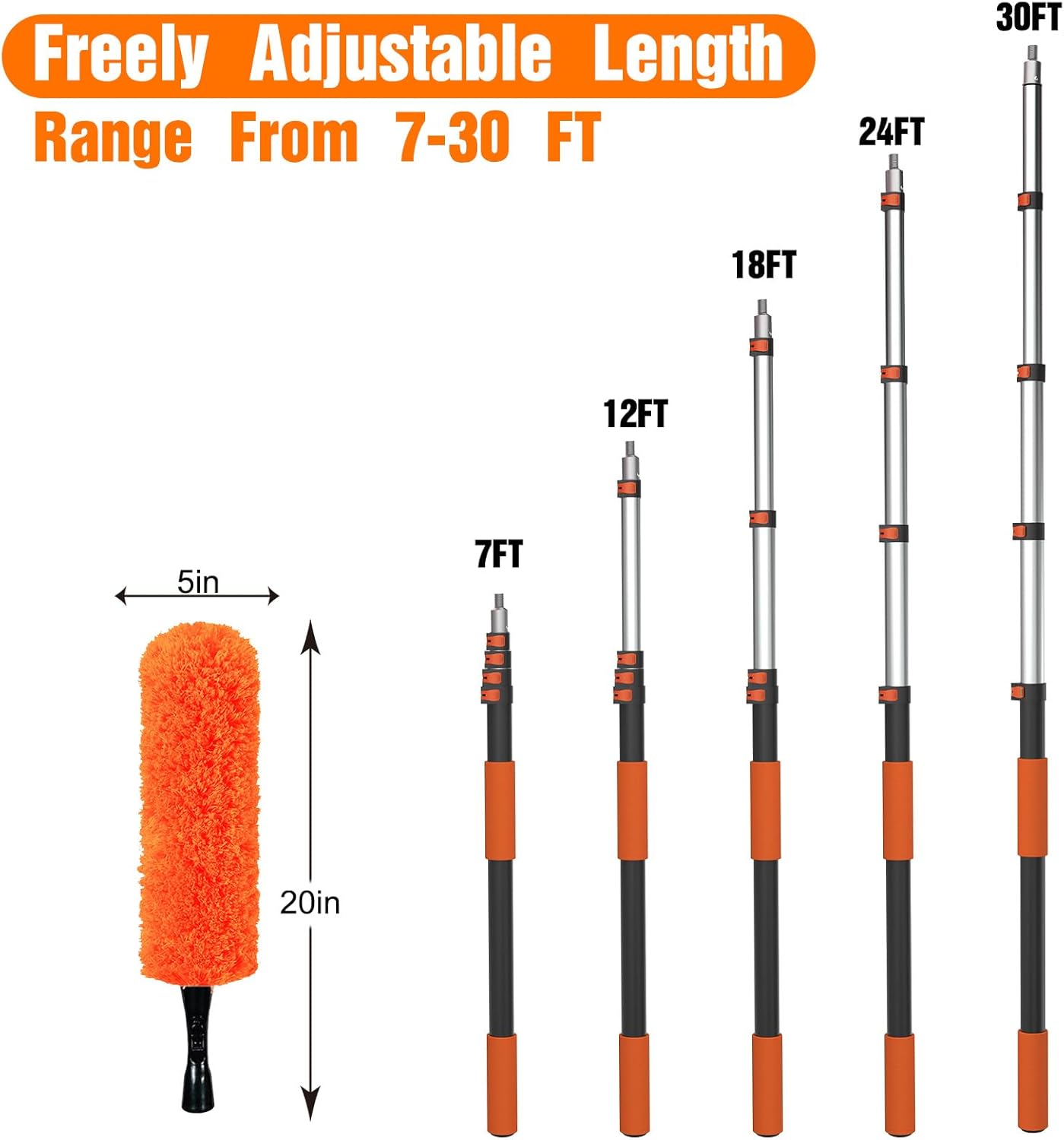 36FT High Reach Duster Cleaning Kit with Extension Pole, High Ceiling Fan Cleaner Duster Tool for Fan Blades, Window Washing Kit with Microfiber Feather Duster & Window Squeegee