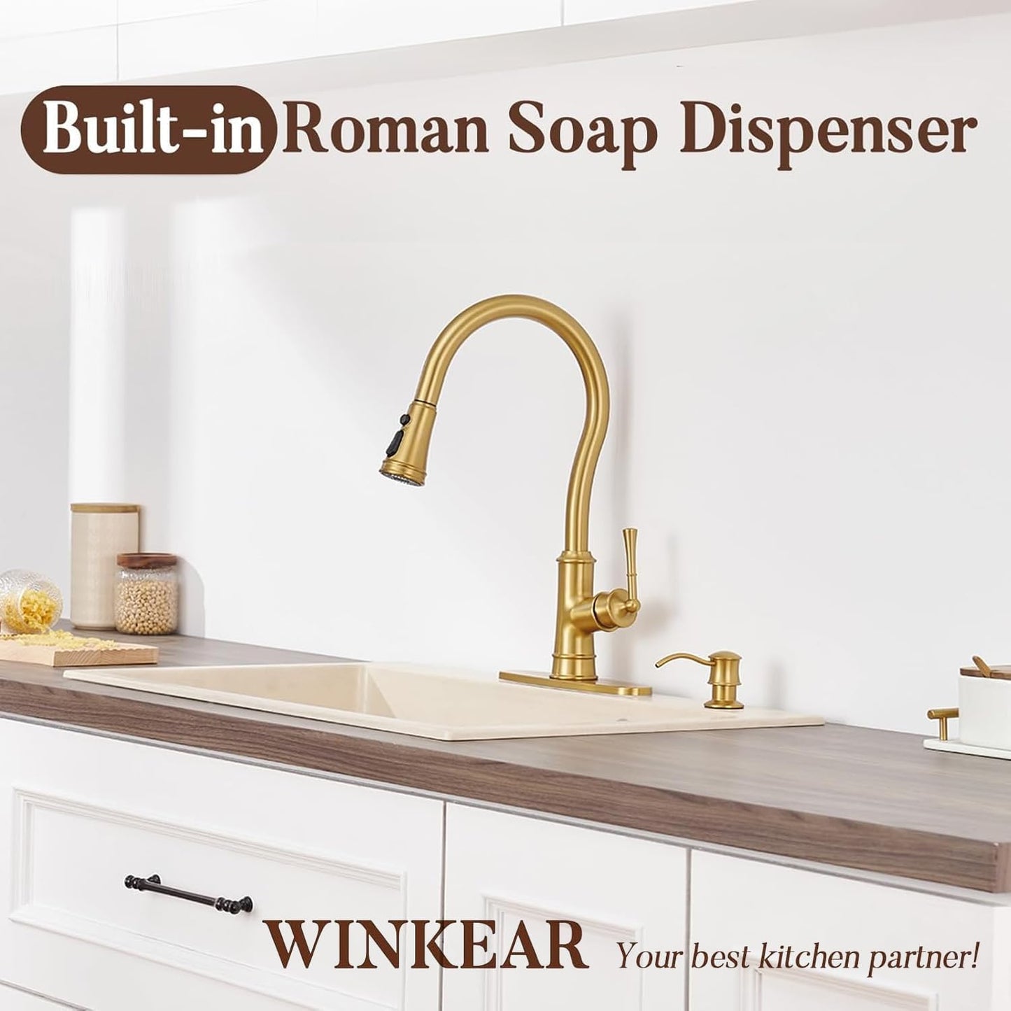 Built in Soap Dispenser for Kitchen Sink Countertop, Solid Brass Pump Head Long Spout with 10.2 Ounce PET Food Safe Material Lotion Bottle, Brushed Gold Finish