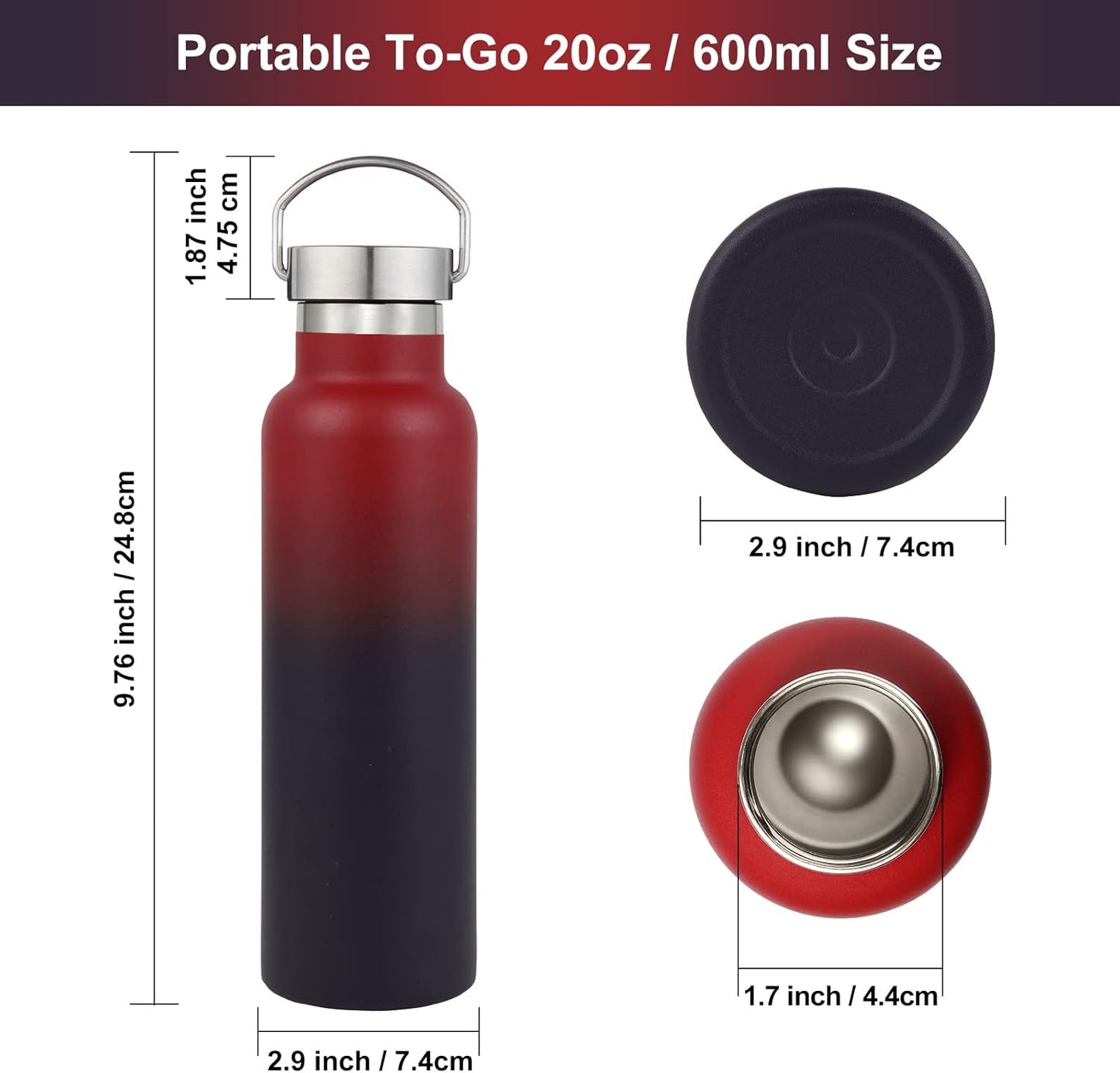 Neihepal 20 oz Insulated Water Bottles Bulk 4 Pack,Stainless Steel Double Wall Sport Bottle with Lid of Handle,Metal Reusable Thermoses Flask for School,Cyclists,Hikers,Gift (Dark Rainbow,Set of 4)