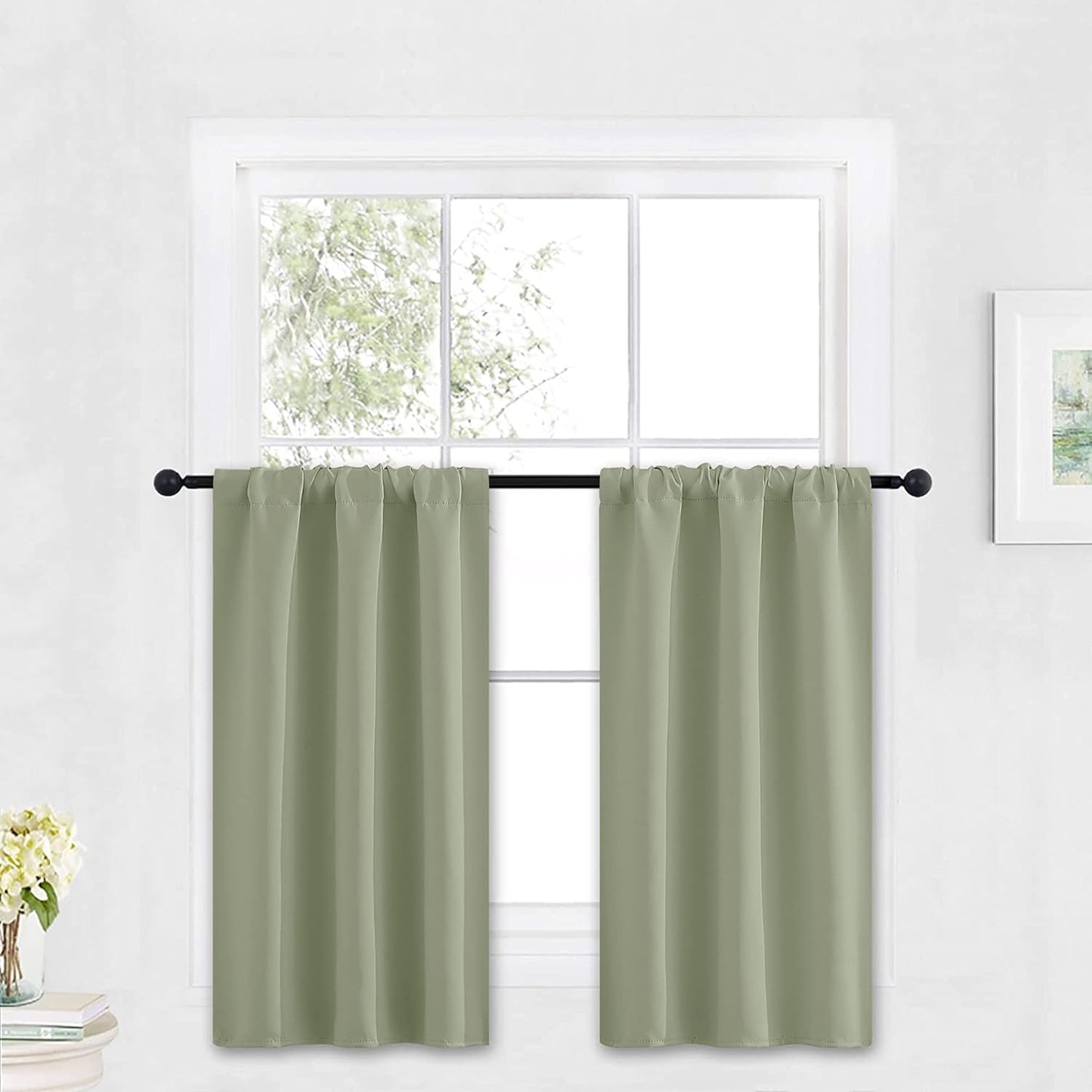 RYB HOME Bathroom Window Curtains - Super Soft Blackout Privacy Curtains for Baby Nursery Bedroom Basement Garege Workshop Kitchen Dining Living Room, W 29 x L 30, Sage Green, 2 Pcs
