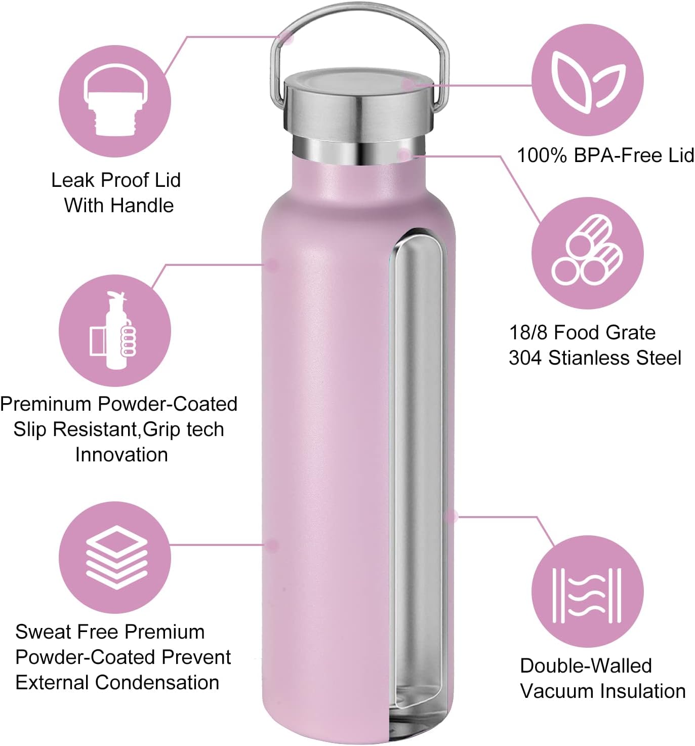 Neihepal 20 oz Insulated Water Bottles Bulk 8 Pack,Stainless Steel Double Wall Sport Bottle with Lid of Handle,Metal Reusable Flask with Cup Cap for School,Hikers,Gift (Pink,Set of 8)