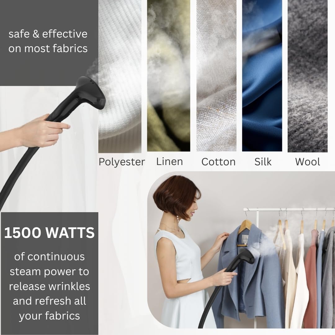 SALAV GS18-DJ Standing Garment Steamer with Roll Wheels for Easy Movement, 1.8L Water Tank for 1 Hour Continuous Steaming, Adjustable Pole for Storage, Includes Descaler Packet, 1500 watts