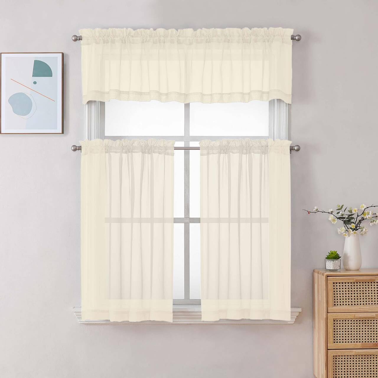 Chyhomenyc Sheer Cream Valances for Windows 2 Pack, Small Window Curtains for Living Room Bathroom Cafe Laundry Basement, Modern Top Dual Rod Pocket Voile Curtain, 42W x 18L inches, Cream