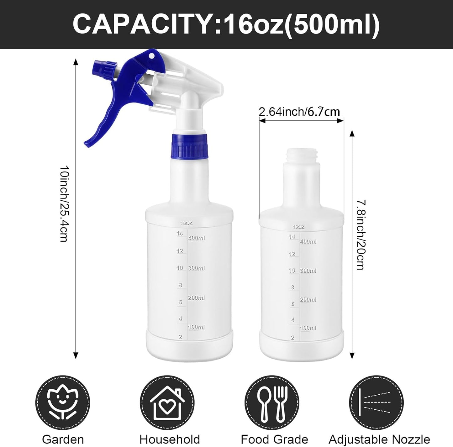 Eccliy 12 Pcs 16 Oz Plastic Spray Bottle, Adjustable Empty Reusable Sprayer for Cleaning, Planting, Water, Bathroom and Kitchen, BBQ, Commercial and Residential(Multicolor,Measurement)