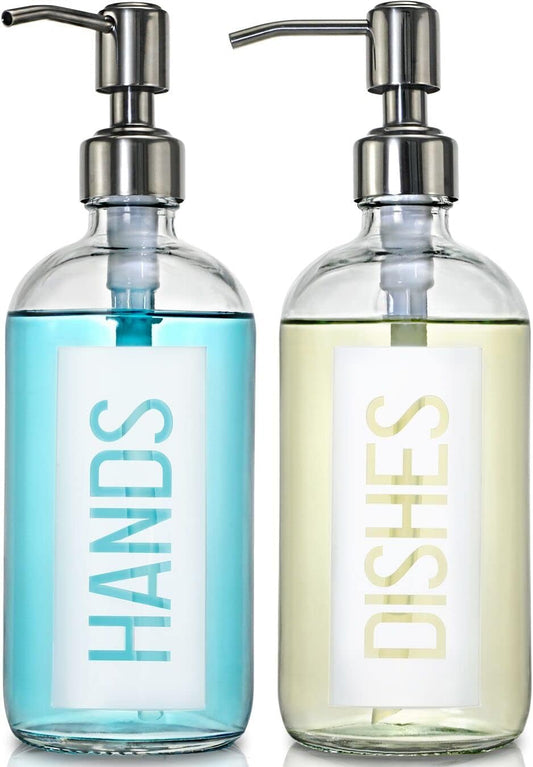 JASAI 2Pack 18OZ Glass Soap Dispenser with Rustproof 304 Stainless Steel Pump, Kitchen Soap Dispenser for Hands & Dishes (White)