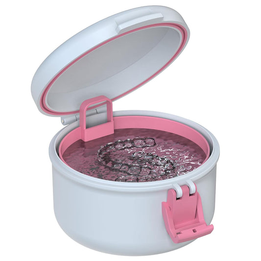 BVN Leak-Proof Denture Bath Cup for Travel, Denture Cup for Soak Dentures, Retainer Cleaning Case with Strainer (White + Pink)
