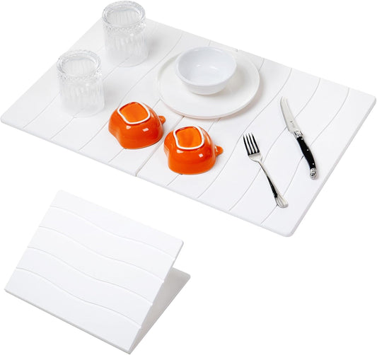 Large Stone Drying Mat for Kitchen Counter, 24x16 Foldable Self Stone Dish Drying Mat, Absorbent Food Grade Diatomaceous Earth Dish Dry Mats for Sink Bathtub