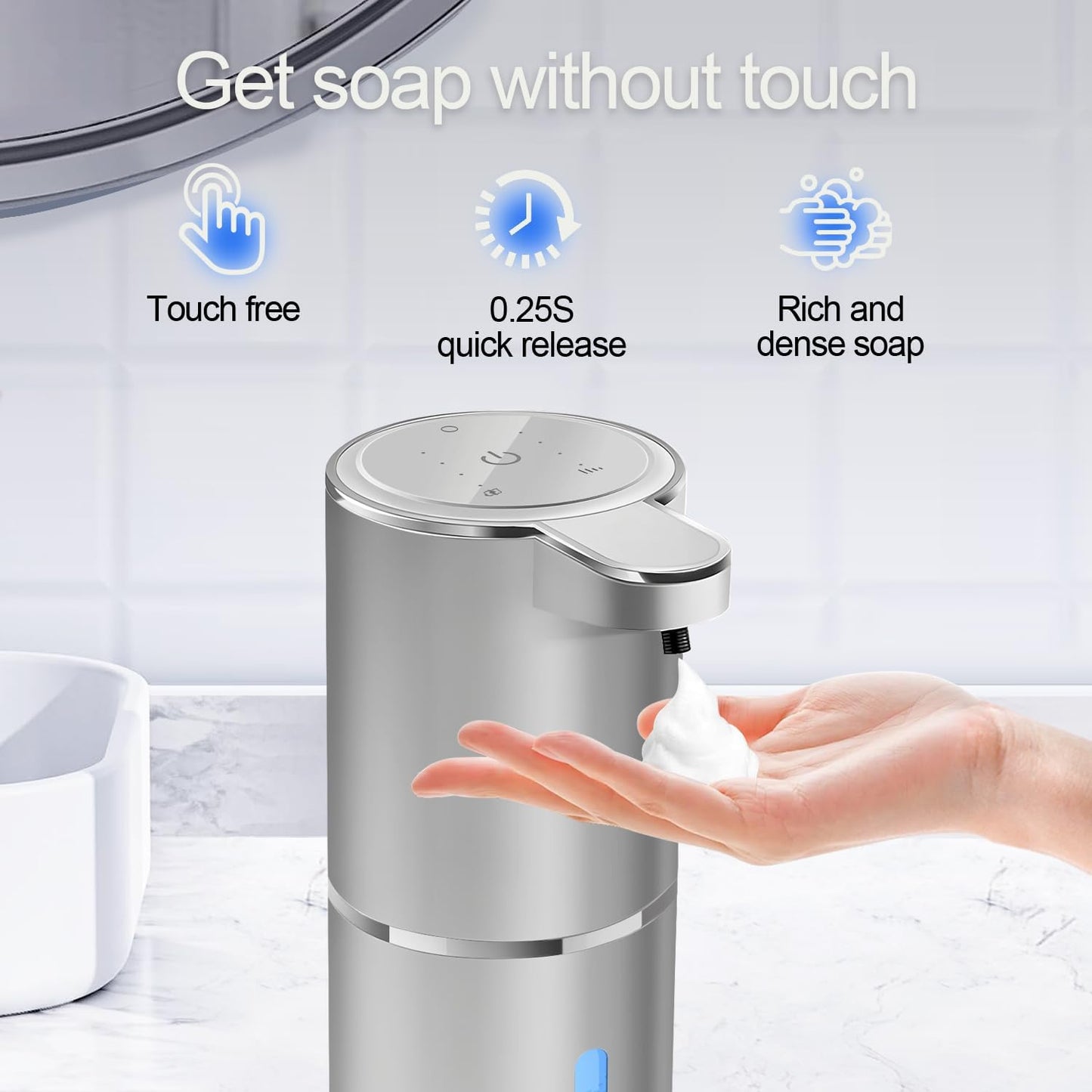 Automatic Foaming Soap Dispenser - Hand Free Pump Touchless Soap Dispenser USB Rechargeable Dispenser with 380ml, 4levels Adjustable Dispenser for Bathroom Kitchen