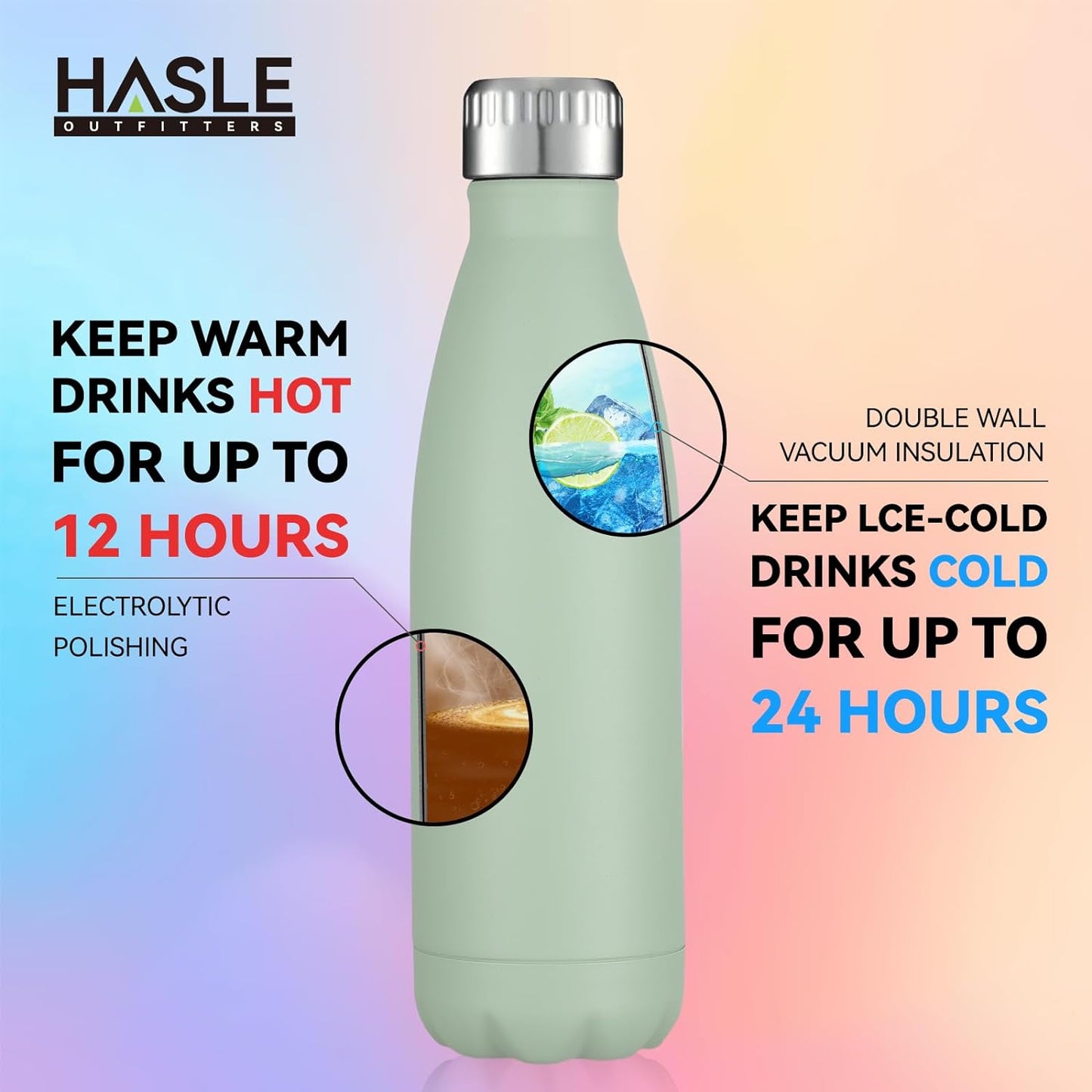 HASLE OUTFITTERS 17oz Stainless Steel Water Bottles Bulk, Vacuum Insulated Water Bottles Double Walled Powder Coated Reusable Metal Sports Water Bottles Keep Drinks Hot and Cold, Light Green, 4Packs