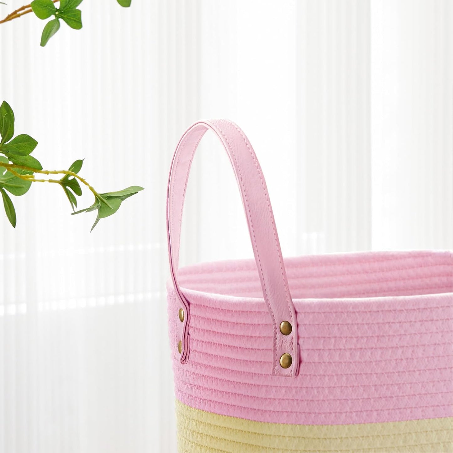 VIPOSCO Tall Laundry Basket, Large Dirty Clothes Hamper with Leather Handle, Woven Rope Storage Basket for Blanket, Toy In Living Room, Bathroom, Bedroom - 58L Rainbow