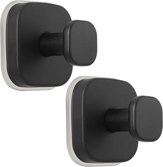 Suction Cup Hooks for Shower - Reusable No-Drill Mounting - Hooks for Towels, Robes & Loofah on Metal, Glass, Mirrors, Tile & Smooth Non-Porous Surfaces (2, Matte Black)