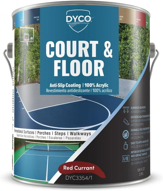 DYCO Court & Floor Anti-Slip Coating - Slip-Resistant Pavement, Cement & Concrete Paint for Pickleball, Tennis & Basketball Courts, Exceeds ADA Standards for Safety Areas (Red Currant, 1 Gallon)